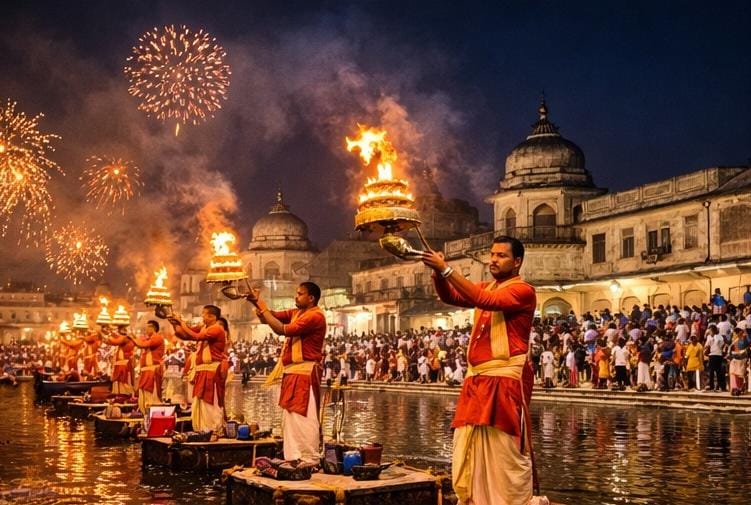 Evening Sarayu Aarti ceremony in Ayodhya during Ayodhya tour package